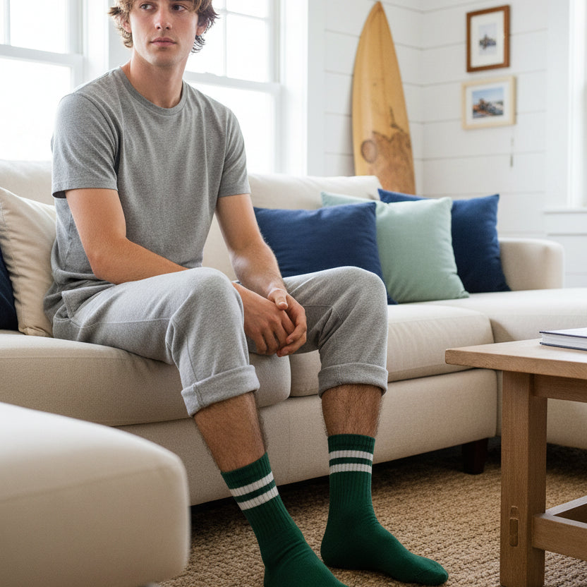 Double Stripe Crew Sock: Green/White