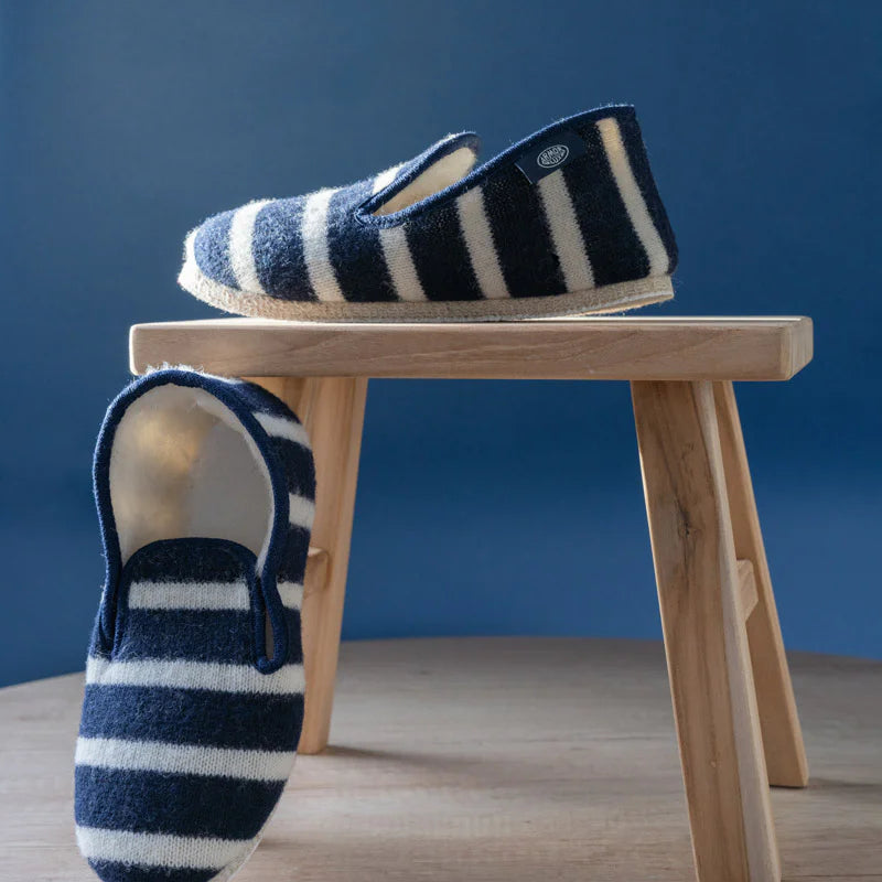 Striped Wool Slippers: Navy & Natural