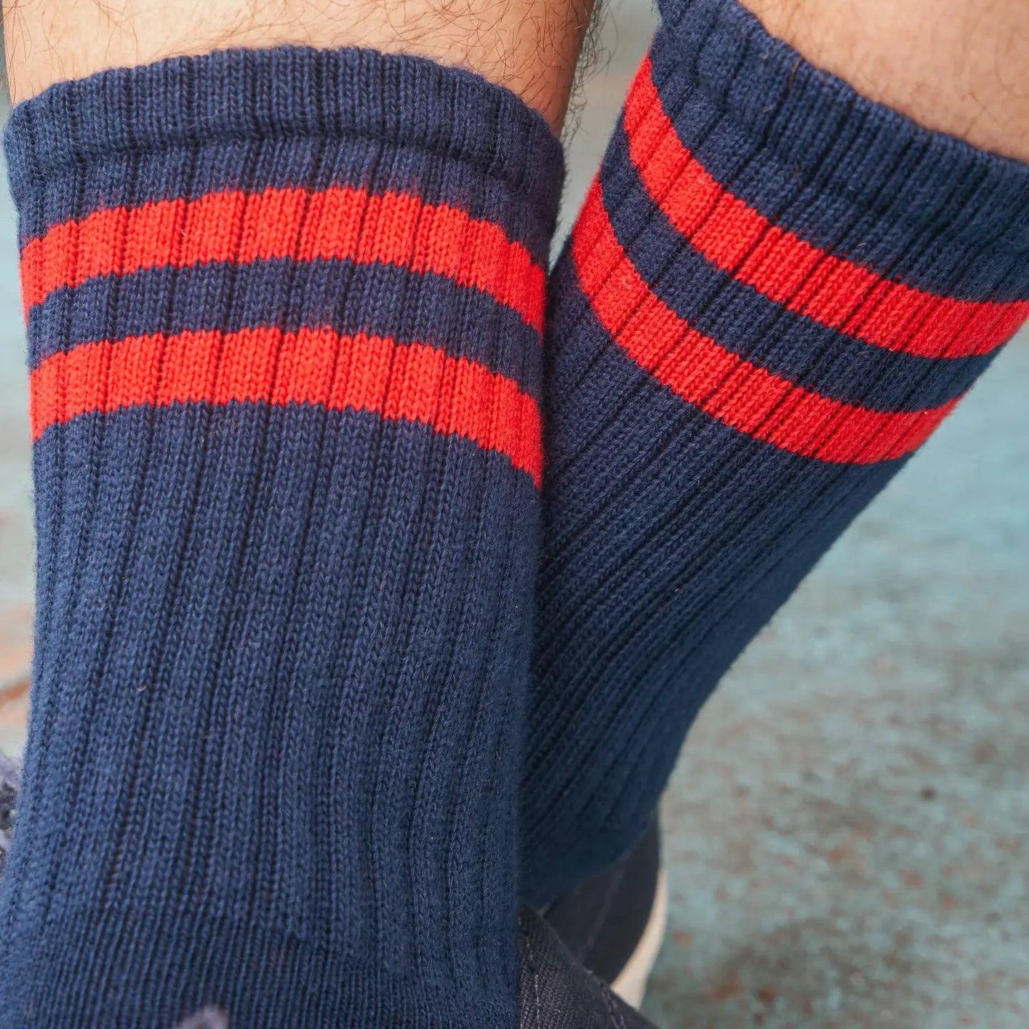 Double Stripe Crew Sock: Navy/Red