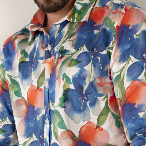 Floral Print Almeria Shirt L/S: Indigo