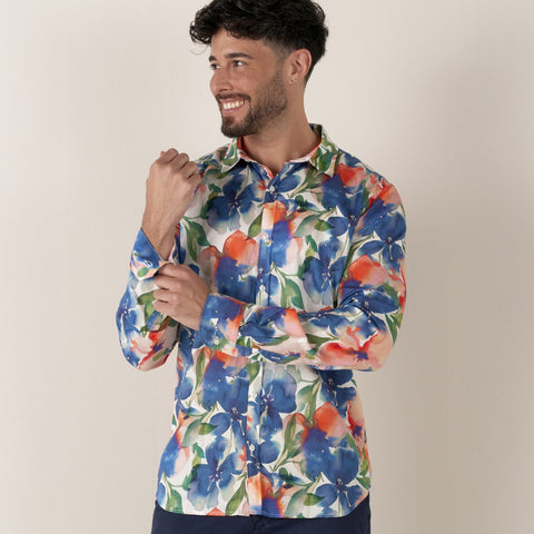 Floral Print Almeria Shirt L/S: Indigo