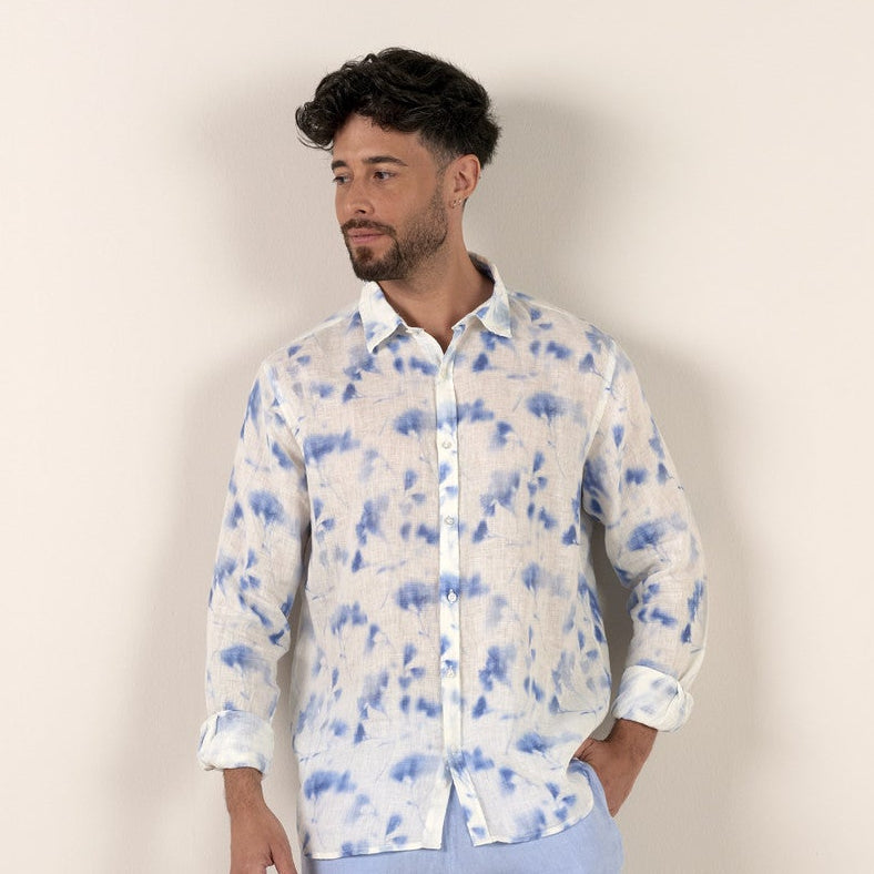 Floral Print Linen Cala Shirt L/S: White