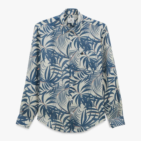 Linen Leaf Print Charles Shirt L/S: Denim