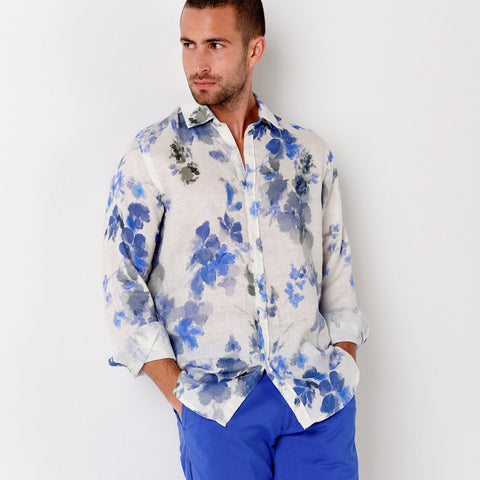 Floral Print Linen Diego Shirt L/S: Ocean
