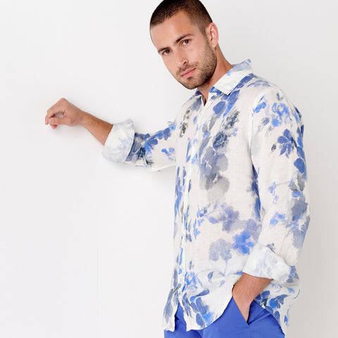 Floral Print Linen Diego Shirt L/S: Ocean