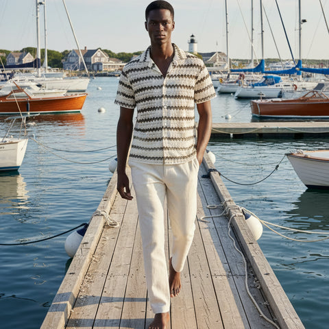 Horizontal Stripe Crochet Shirt S/S: Black & Off White