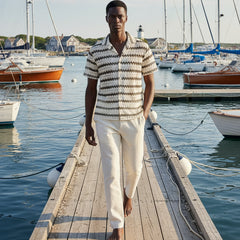 Horizontal Stripe Crochet Shirt S/S: Black & Off White