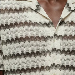 Horizontal Stripe Crochet Shirt S/S: Black & Off White