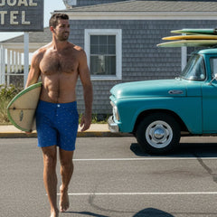 Palm Springs Short: Pink Flamingo on Marine Blue