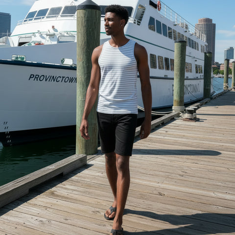 Printed Tank: White/ Heather Grey Stripe