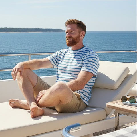Contrast Collar Striped T-Shirt S/S: White/Waterfall