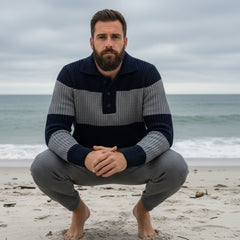 Collared Striped Sweater L/S: Navy & Grey