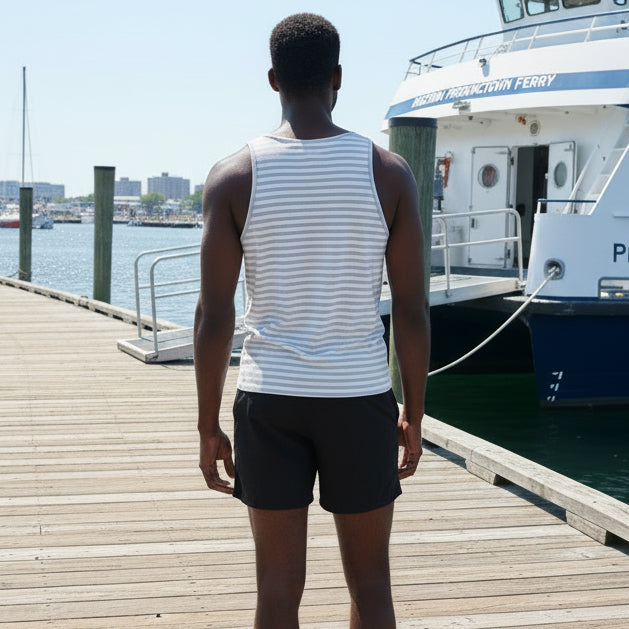Printed Tank: White/ Heather Grey Stripe