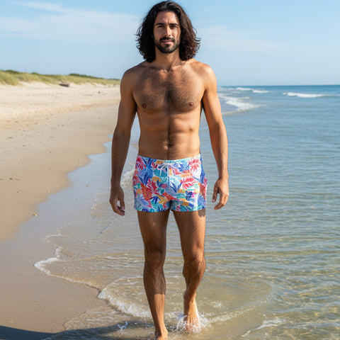 Tropical Leaves Swim Trunk: White