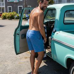 Palm Springs Short: Pink Flamingo on Marine Blue