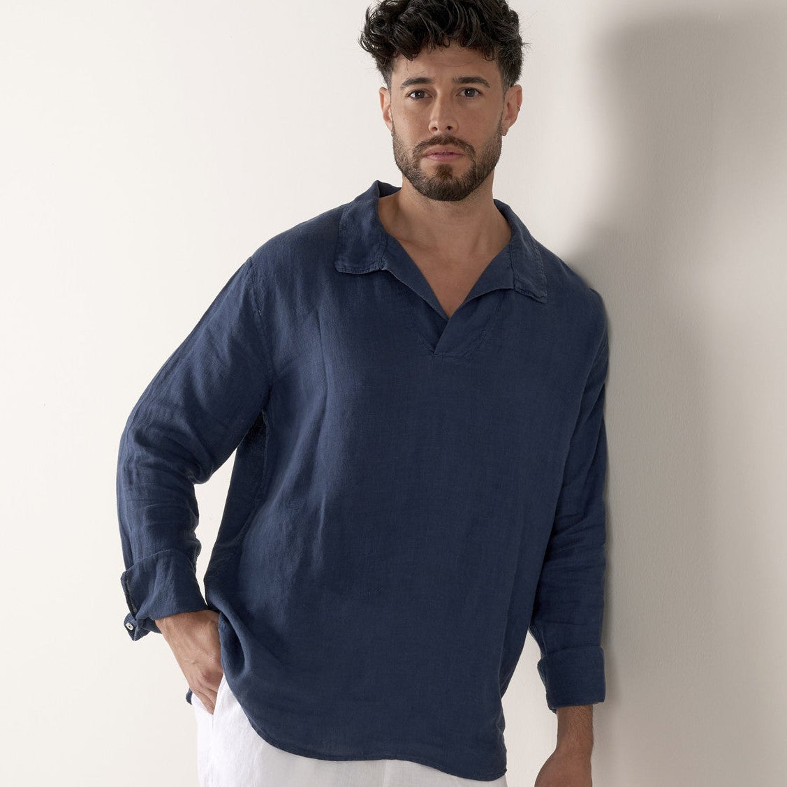 Linen Mariniere Java Shirt L/S: Navy Blue