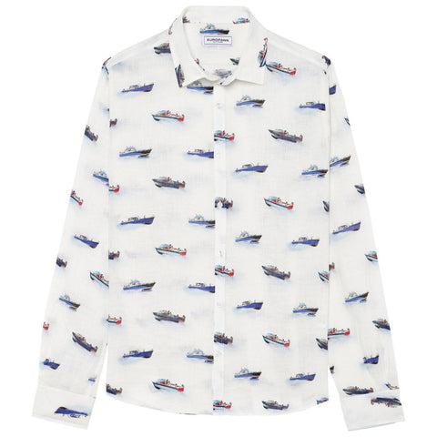 Boat Print Linen Key Shirt L/S: Ocean