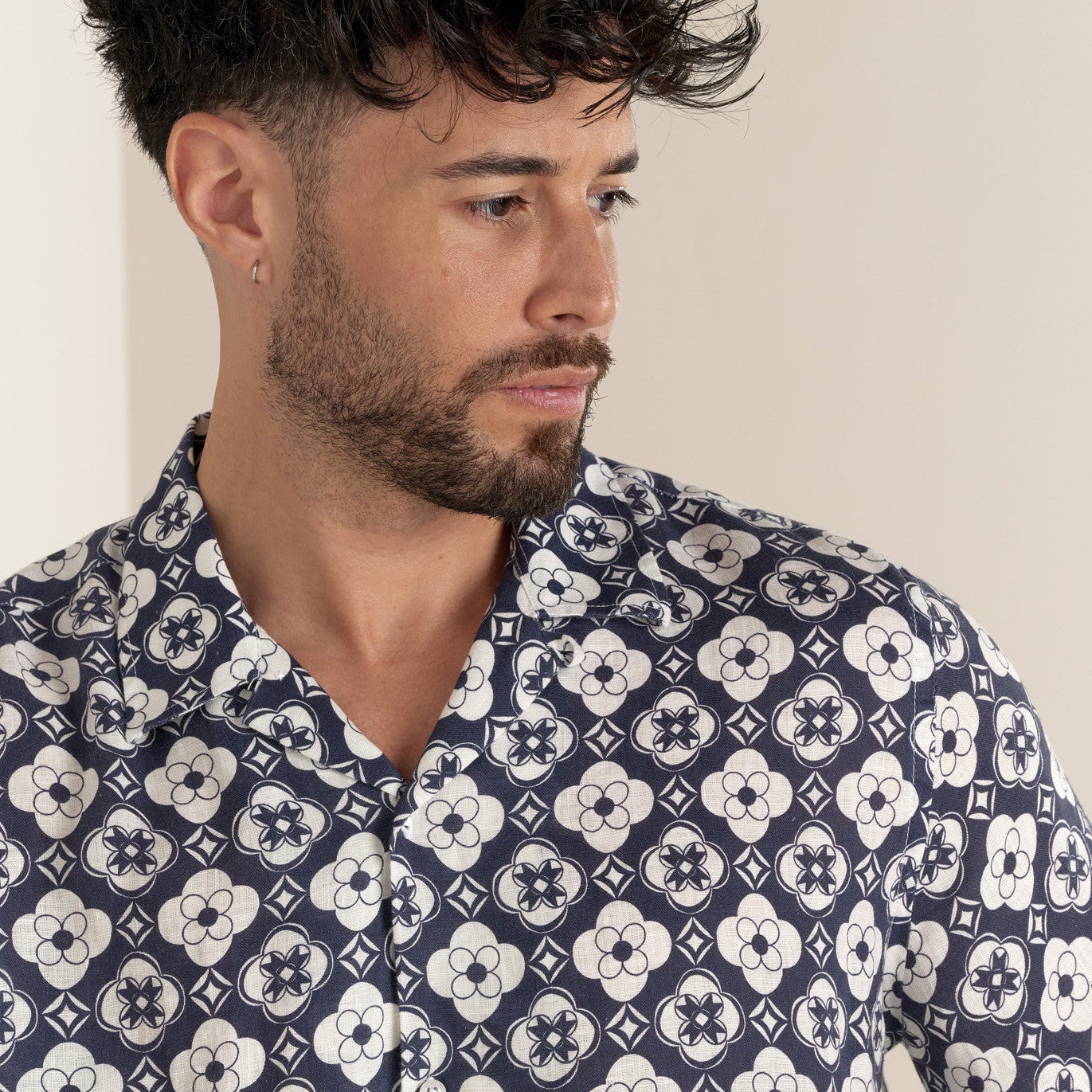 Geometric Linen LISBOA Shirt S/S: Navy