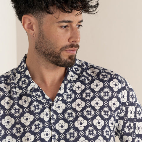 Geometric Linen LISBOA Shirt S/S: Navy