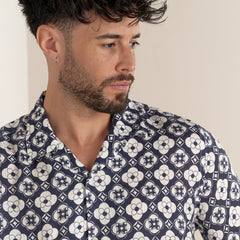 Geometric Linen LISBOA Shirt S/S: Navy