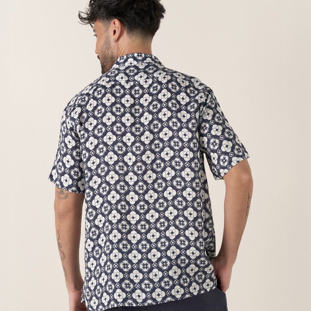 Geometric Linen LISBOA Shirt S/S: Navy