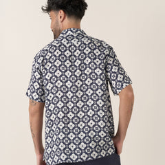 Geometric Linen LISBOA Shirt S/S: Navy