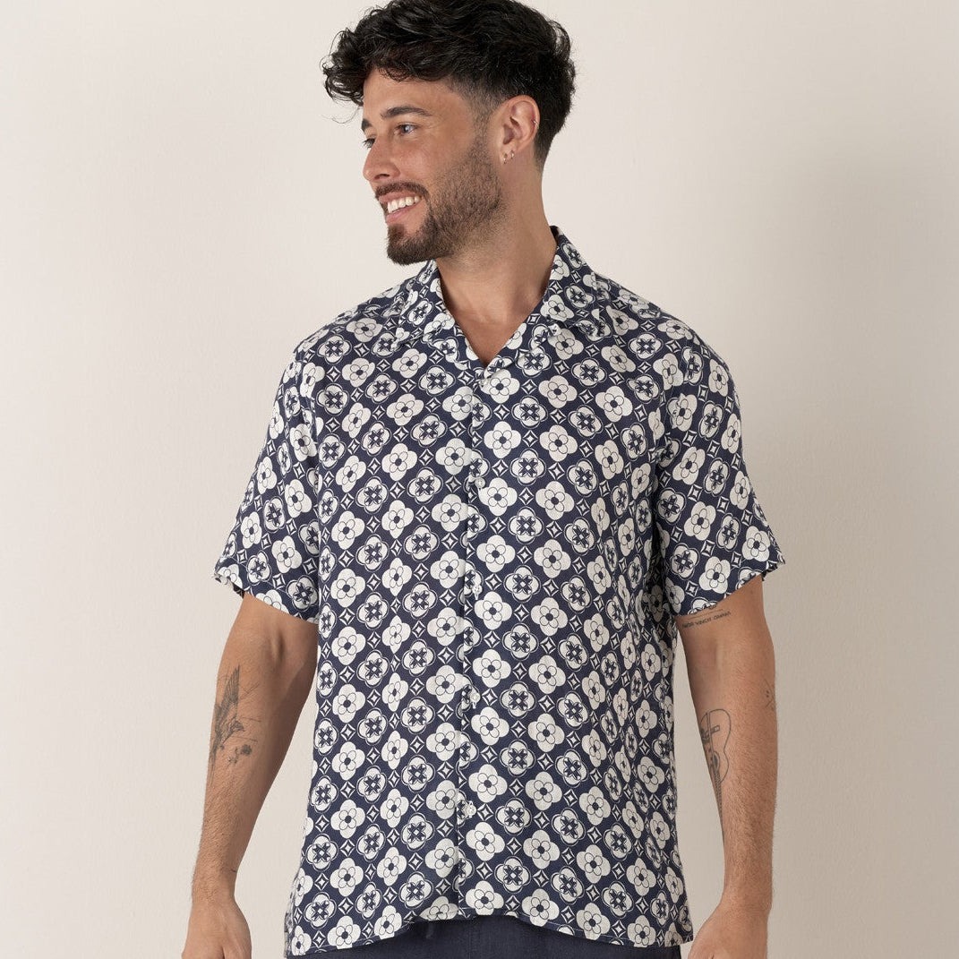 Geometric Linen LISBOA Shirt S/S: Navy