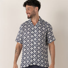 Geometric Linen LISBOA Shirt S/S: Navy