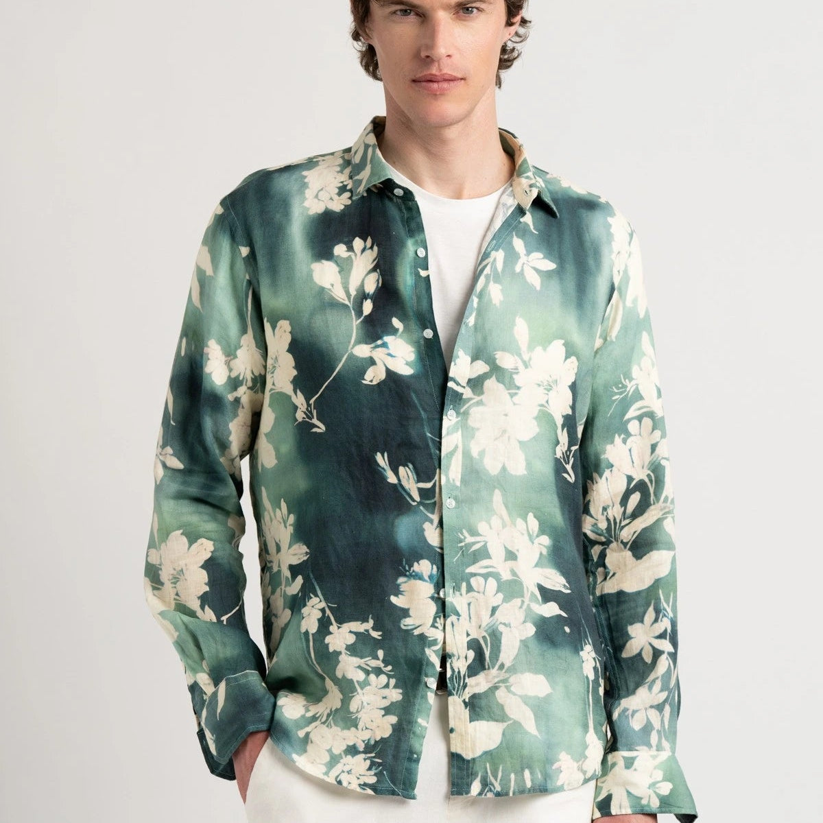 Lilly Print Linen Lys Shirt L/S: Green