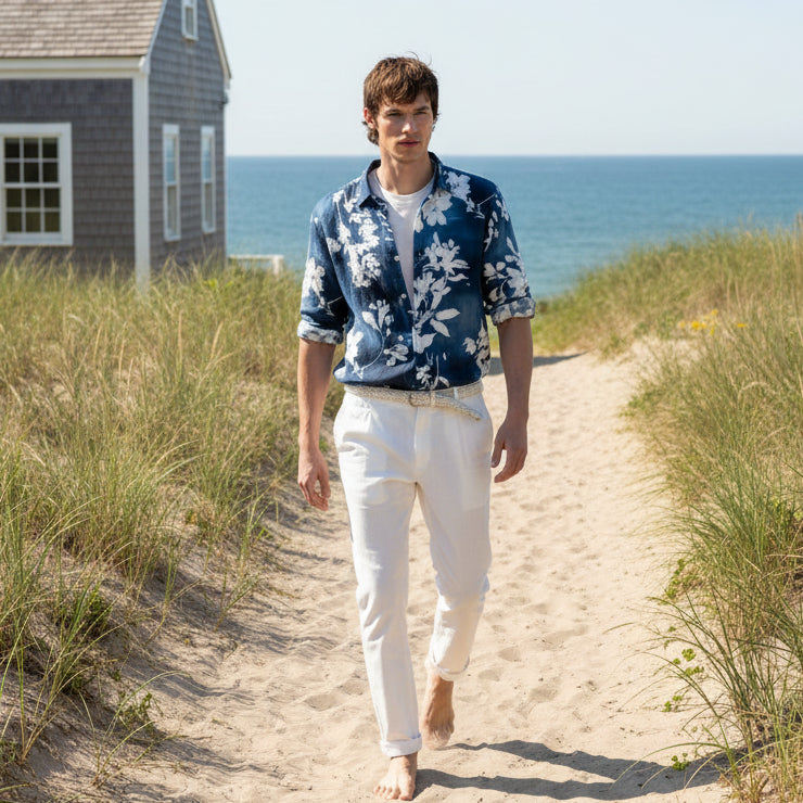 Lilly Print Linen Lys Shirt L/S: Navy