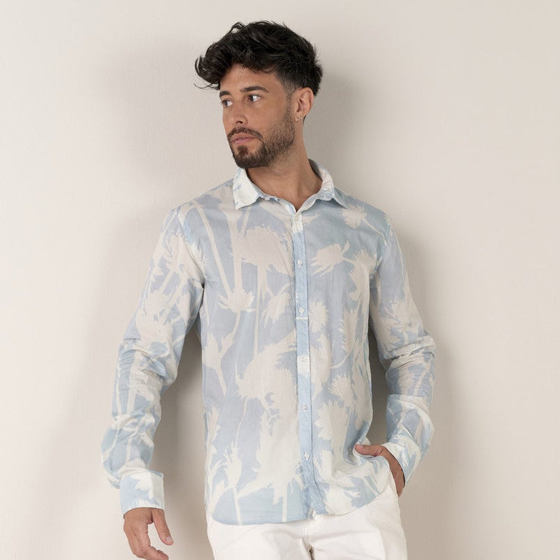 Floral Print Malaga Shirt L/S: Sky Blue
