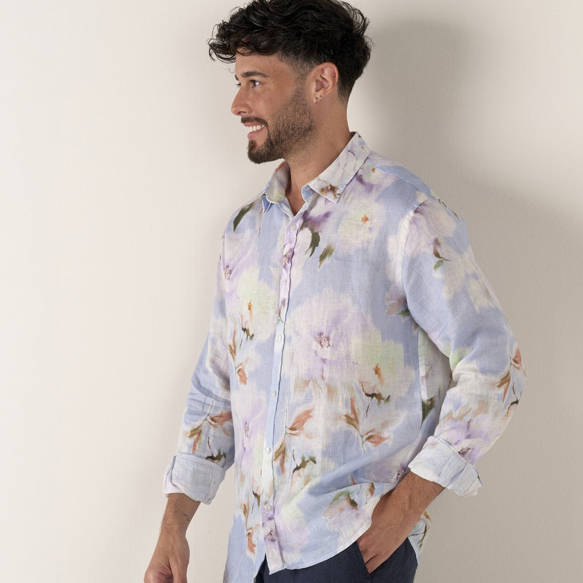 Floral Print Linen Malta Shirt L/S: Mauve