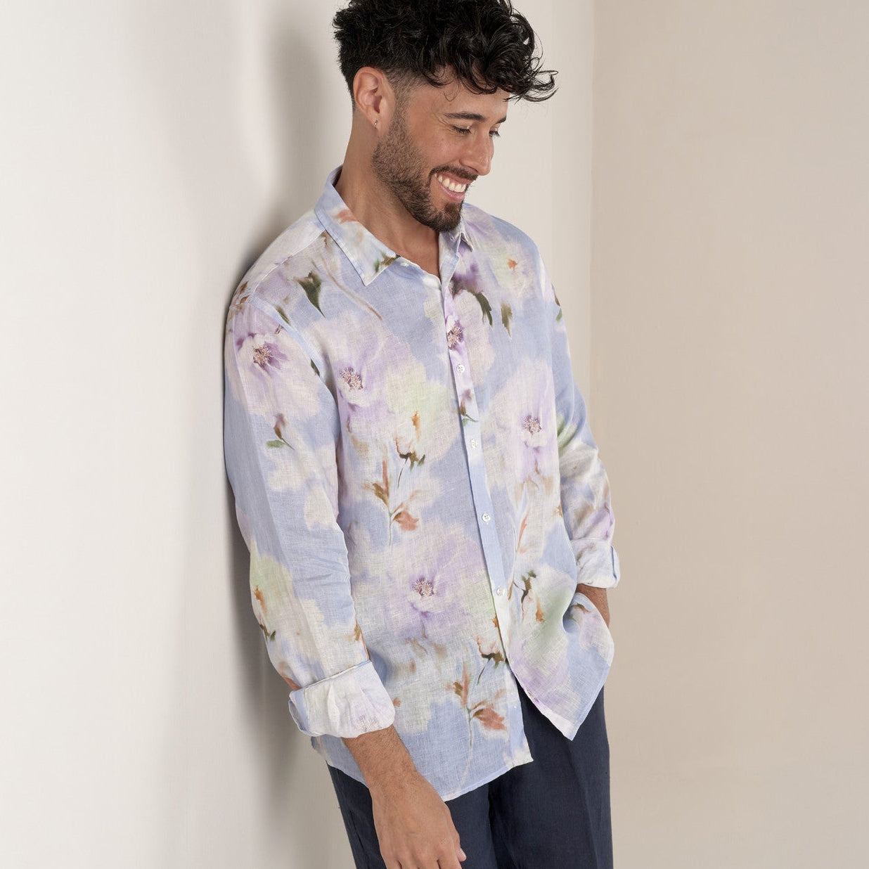 Floral Print Linen Malta Shirt L/S: Mauve