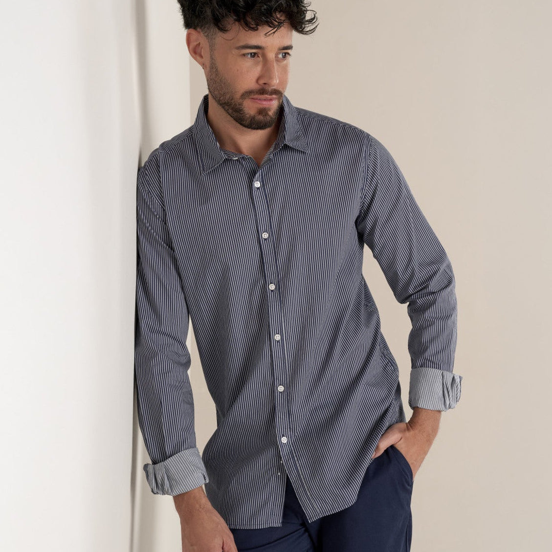 Striped Milan Shirt L/S: Navy