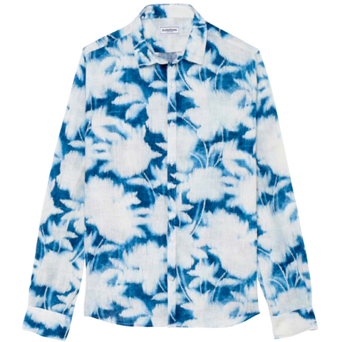 Floral Print Linen Gustavia Shirt L/S: Indigo