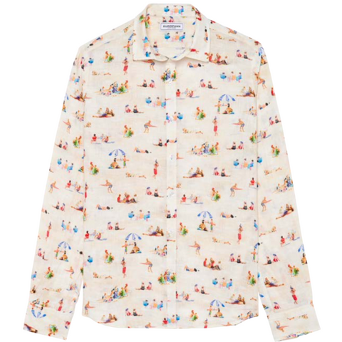 Beach Print Linen Spaggia Shirt L/S: Sandshell