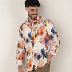 Floral Print Linen Pampelone Shirt L/S: Orange
