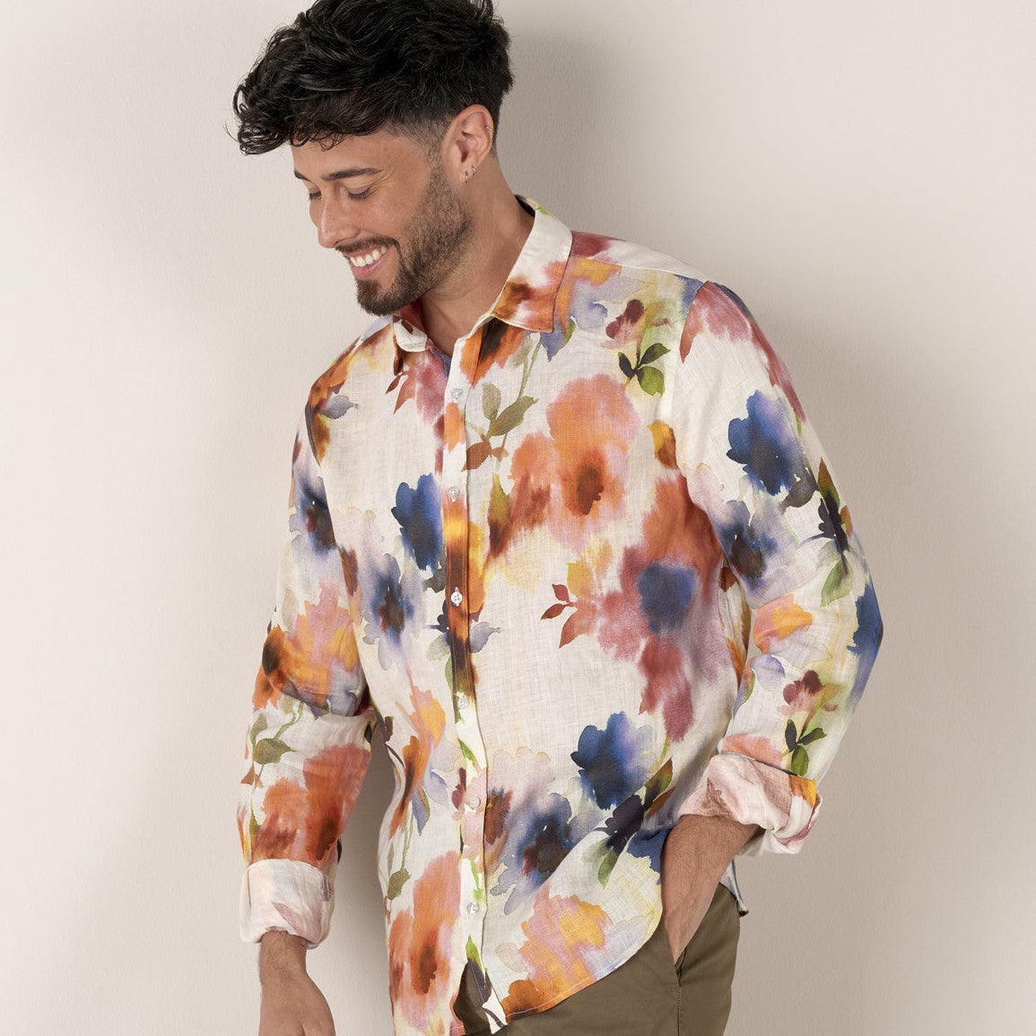 Floral Print Linen Pampelone Shirt L/S: Orange