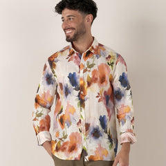 Floral Print Linen Pampelone Shirt L/S: Orange