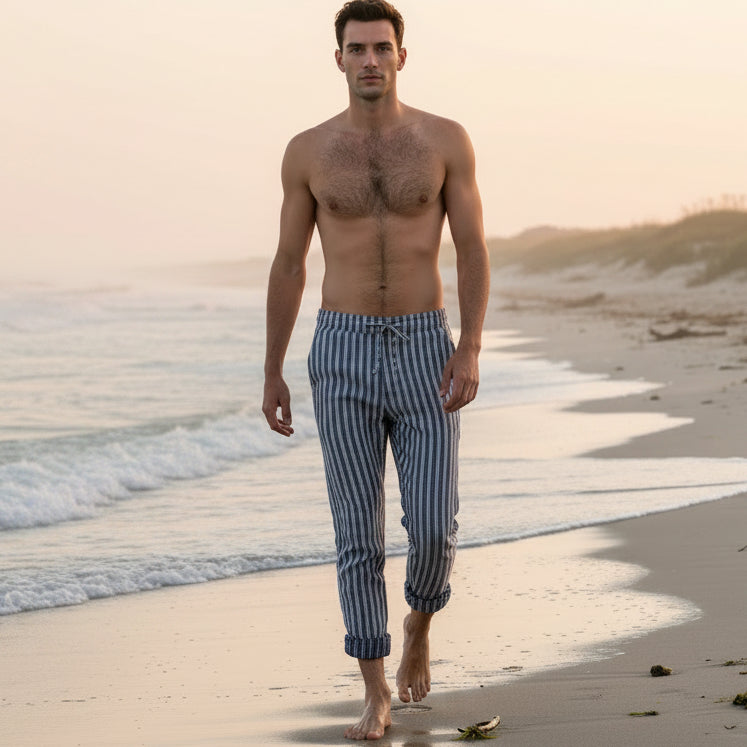 Silver Striped Linen Pant: Navy