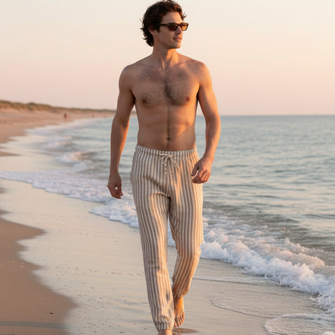 Silver Striped Linen Pant: Beige