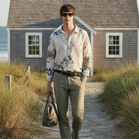 Floral Print Linen Vera Shirt L/S: Ecru