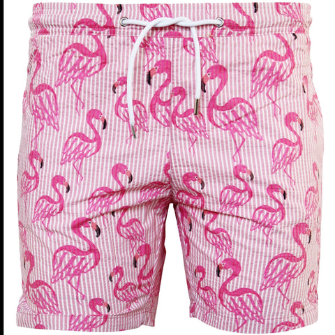 Shorties Seersucker Flamingos Print Swim: Pink
