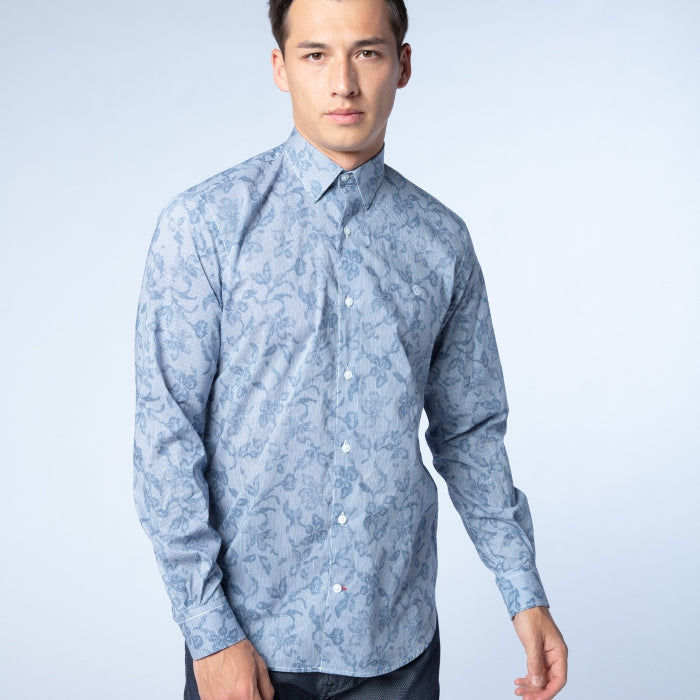 Fitted Stripe Floral Shirt L S Blue